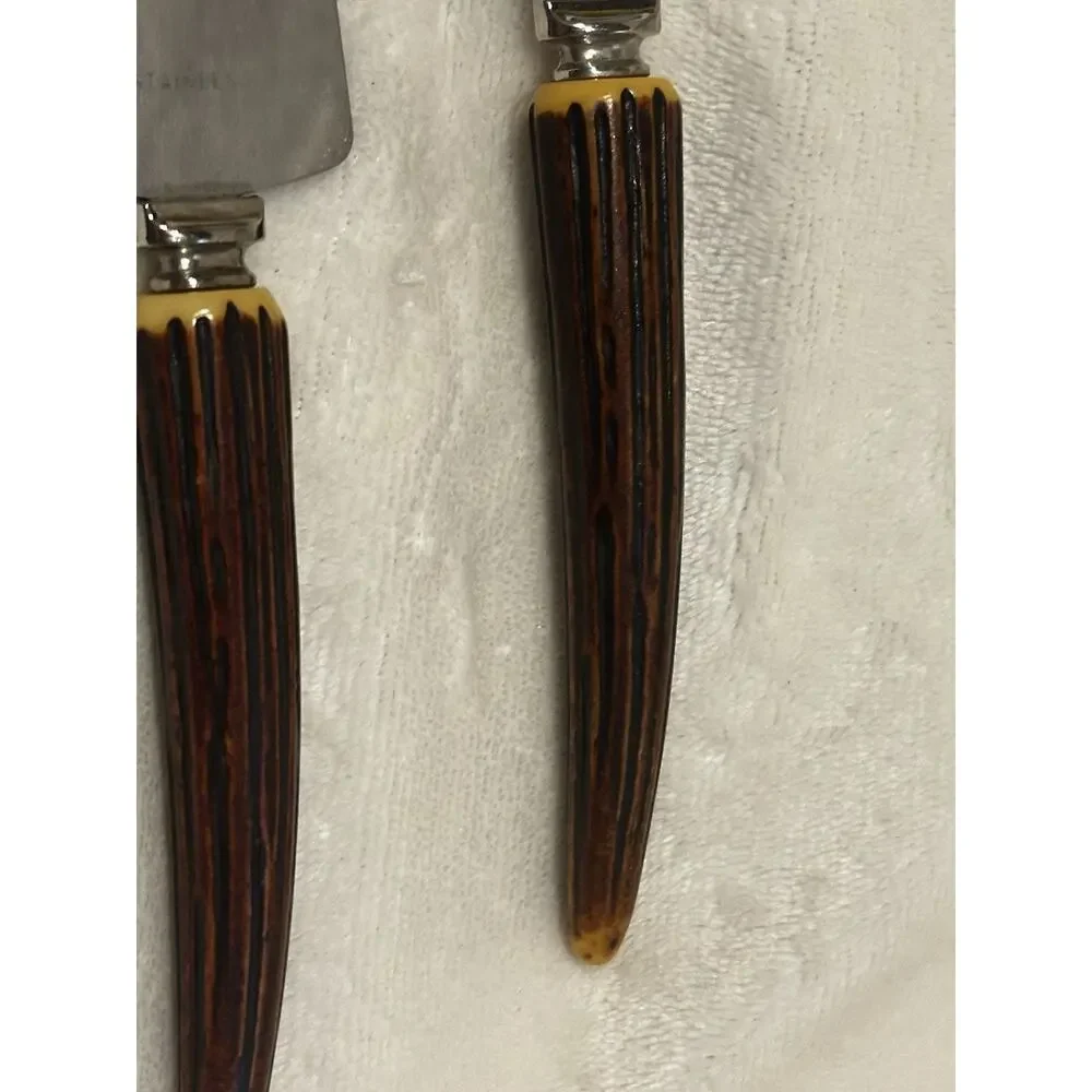 Set Of 2 Antique Stainless Antler Stag Horn Knifes Sharp Carving Made In USA